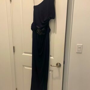 Badgley Mischka Long navy Dress With Jeweled Waist